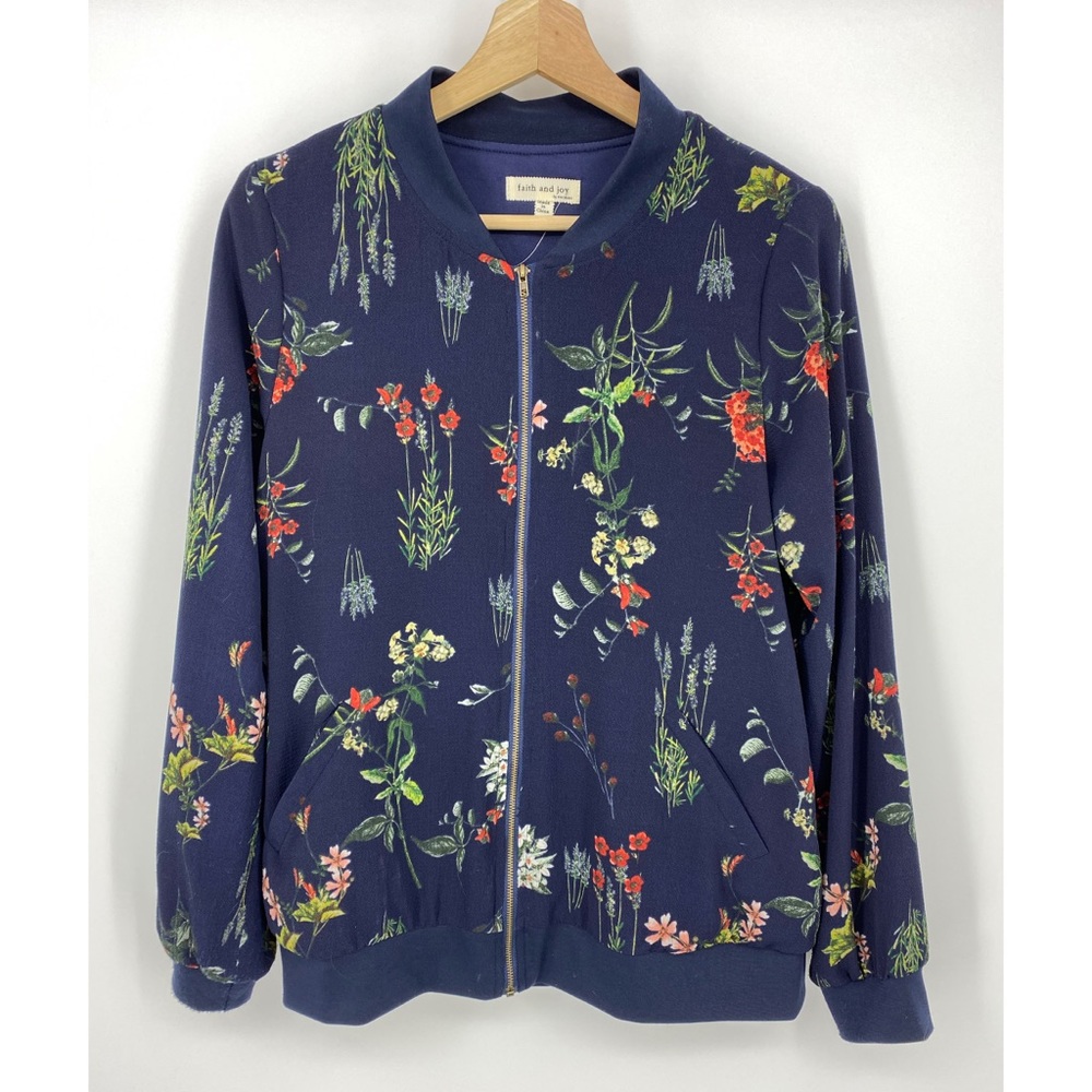 Faith & Joy Navy Blue Floral Print Bomber Jacket